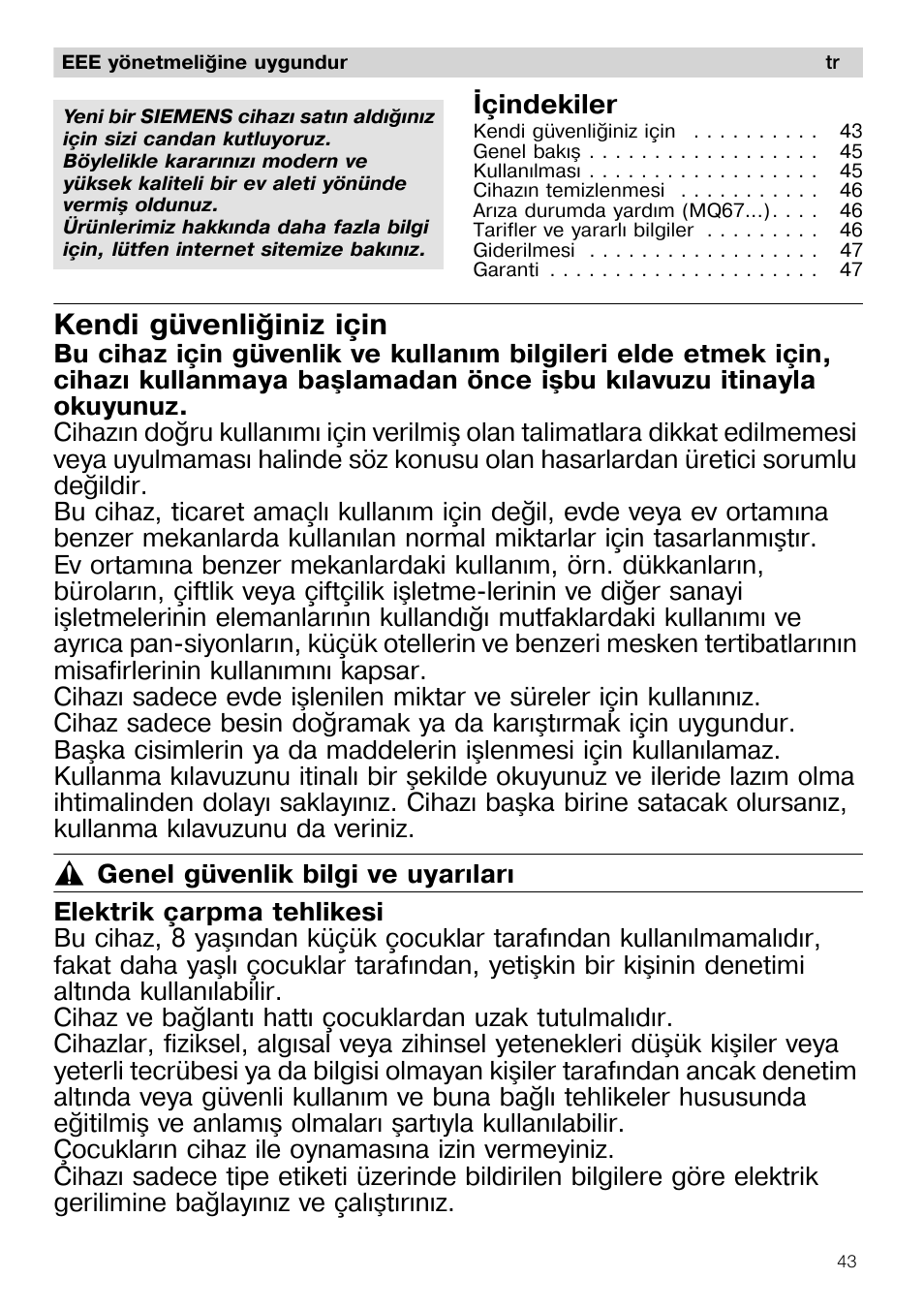 Kendi güvenliðiniz için, Ýçindekiler | Siemens MQ67115 User Manual | Page 43 / 67