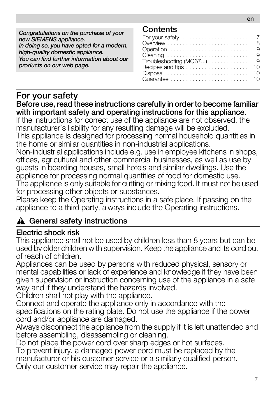 Siemens MQ67115 User Manual | Page 7 / 67