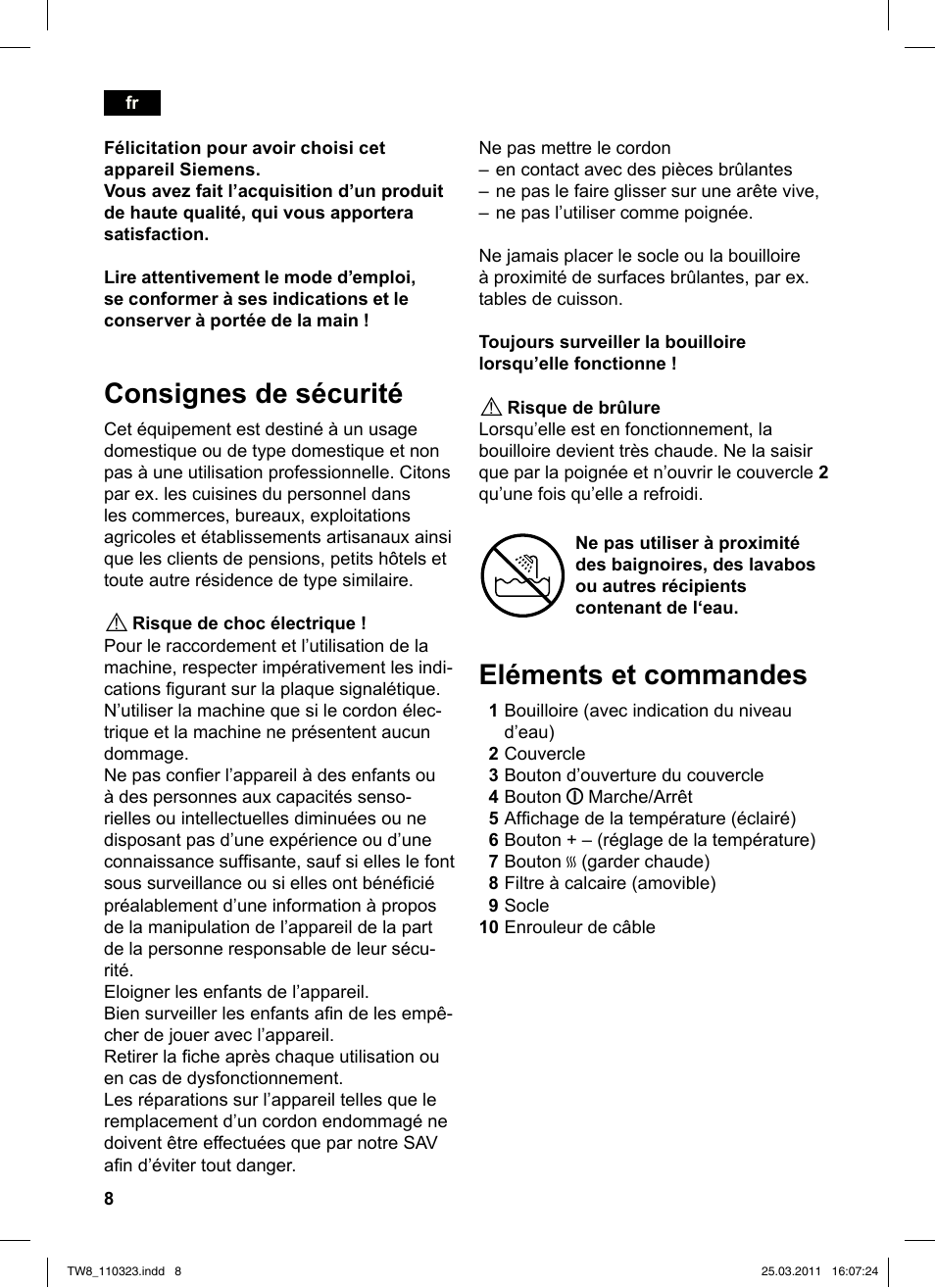 Consignes de sécurité, Eléments et commandes | Siemens TW86105 User Manual | Page 10 / 76