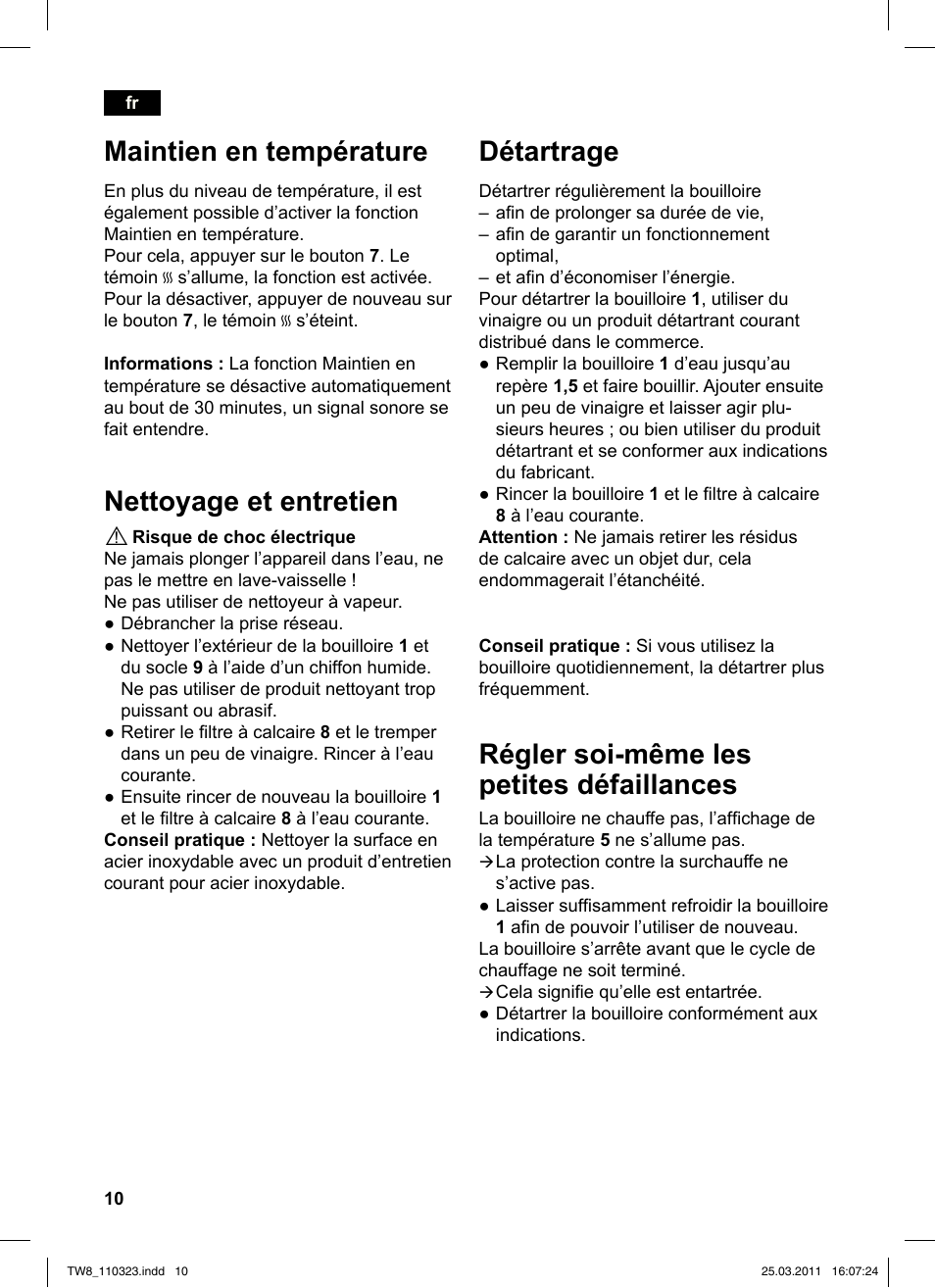 Détartrage, Régler soi-même les petites défaillances, Maintien en température | Nettoyage et entretien | Siemens TW86105 User Manual | Page 12 / 76