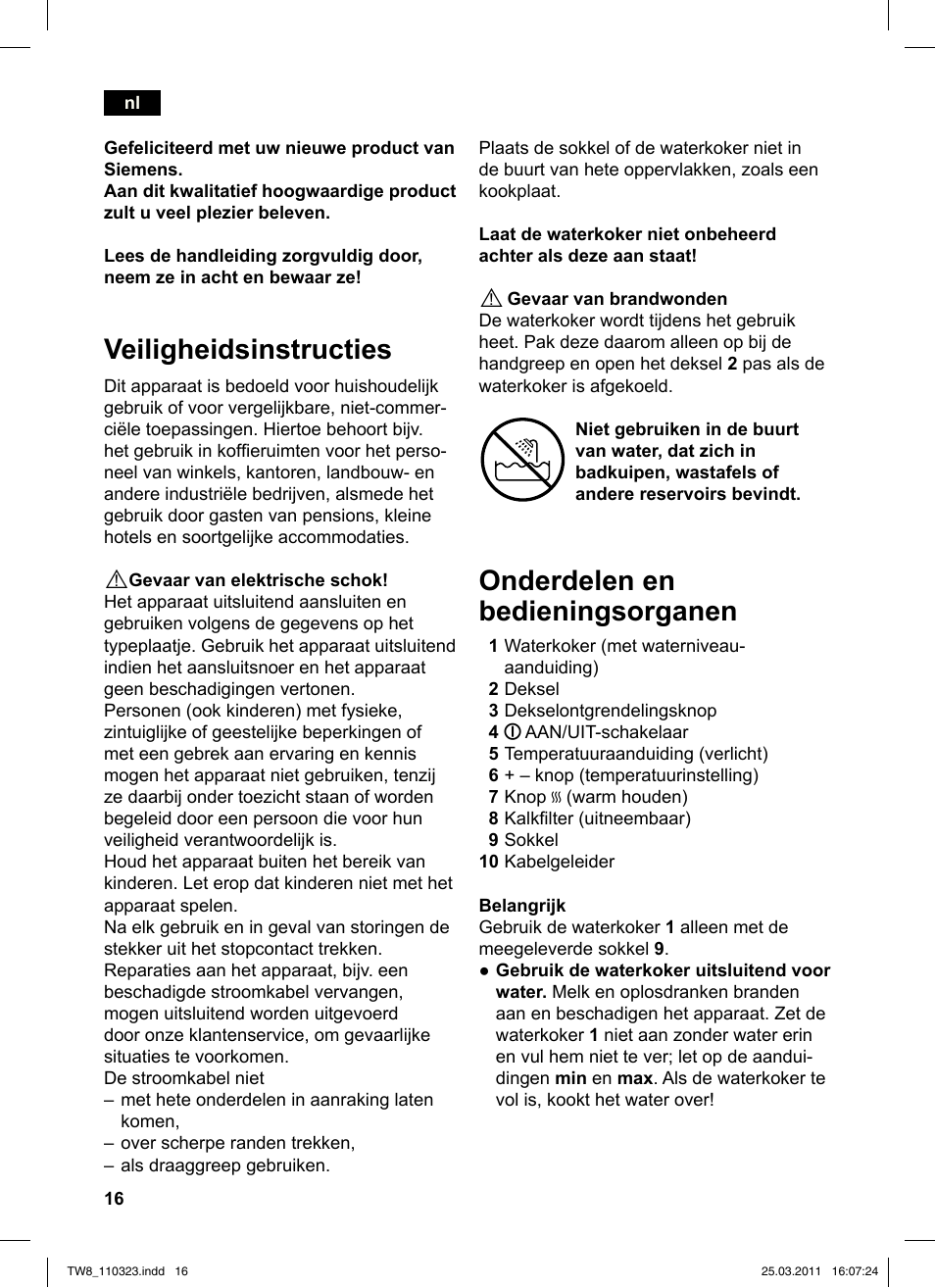 Veiligheidsinstructies, Onderdelen en bedieningsorganen | Siemens TW86105 User Manual | Page 18 / 76