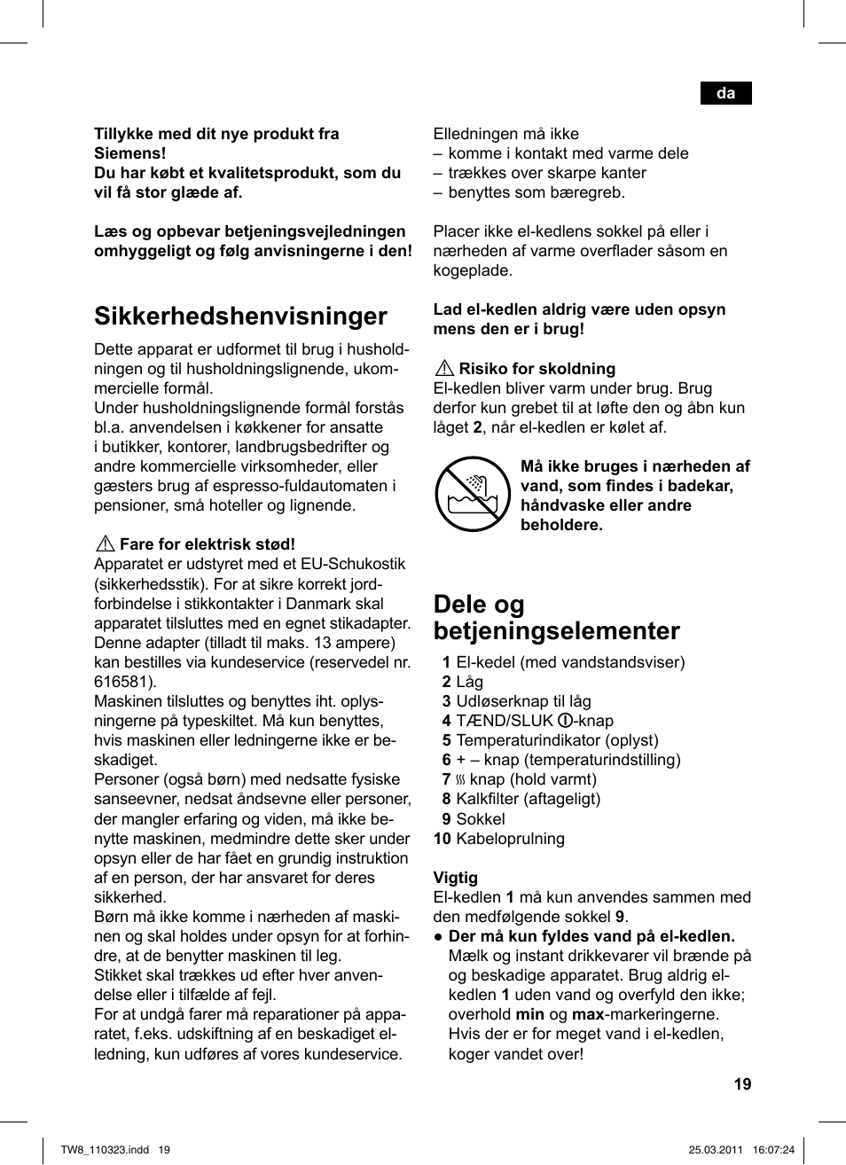 Sikkerhedshenvisninger, Dele og betjeningselementer | Siemens TW86105 User Manual | Page 21 / 76