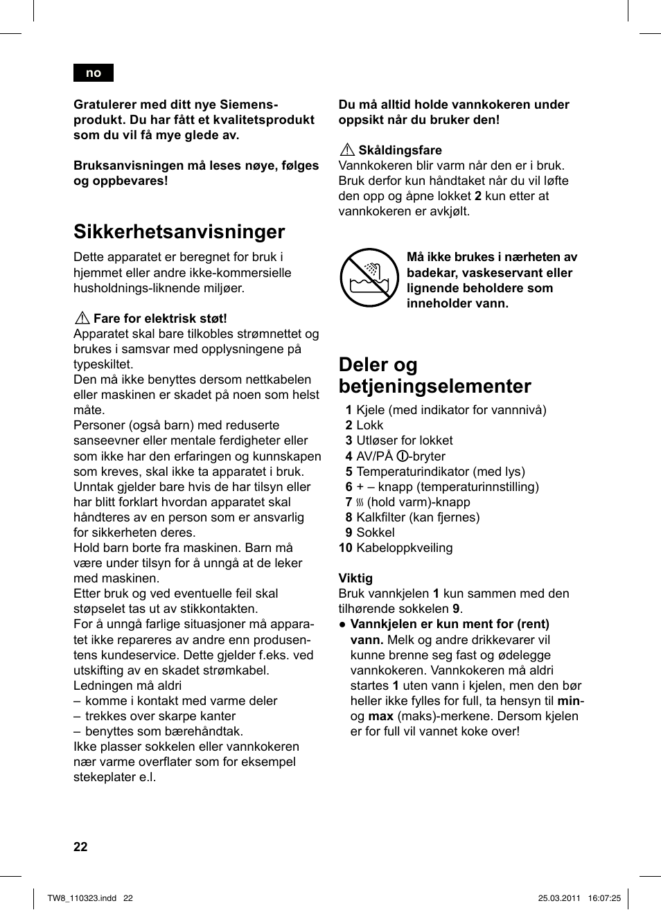 Sikkerhetsanvisninger, Deler og betjeningselementer | Siemens TW86105 User Manual | Page 24 / 76