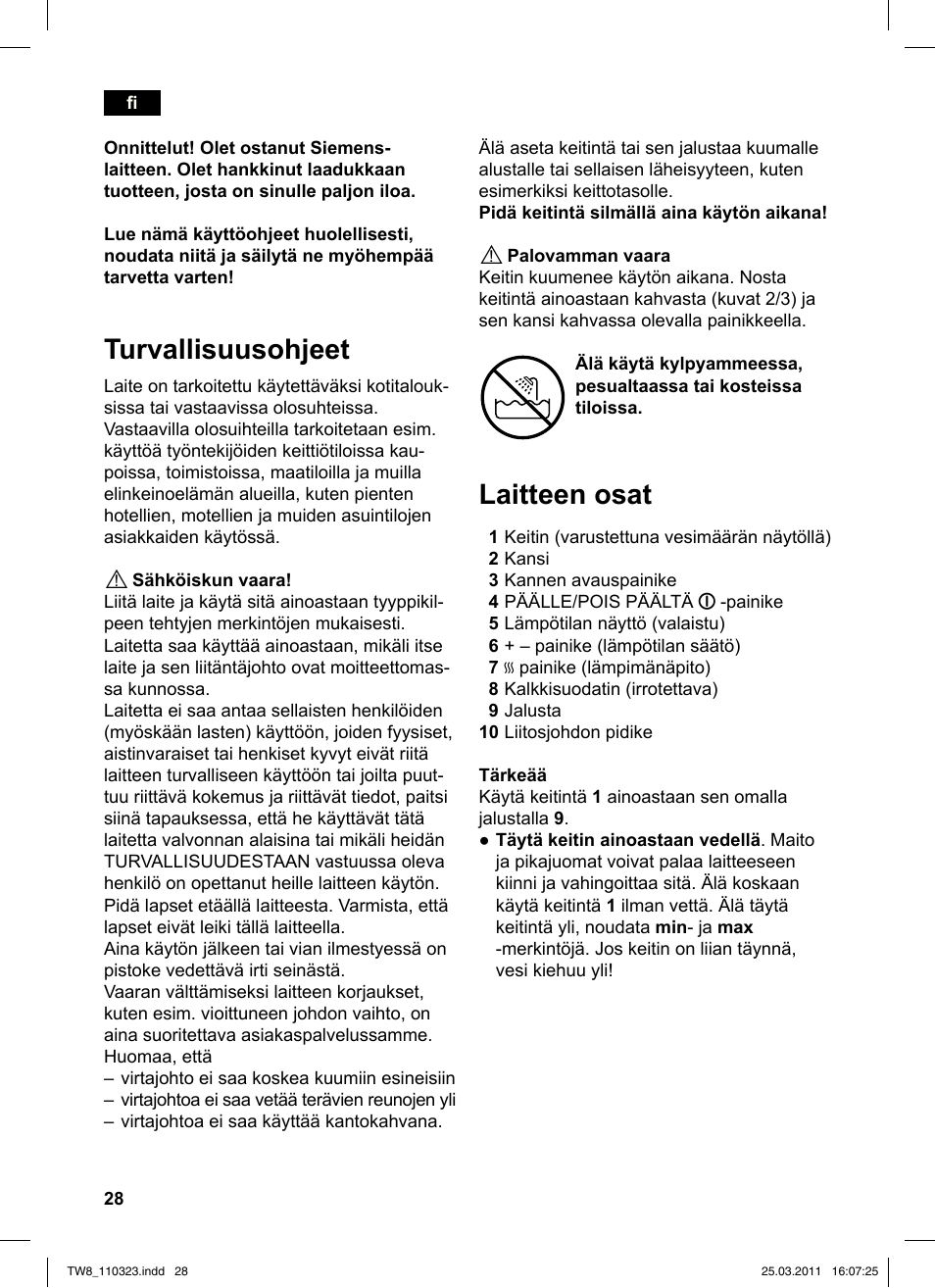 Turvallisuusohjeet, Laitteen osat | Siemens TW86105 User Manual | Page 30 / 76