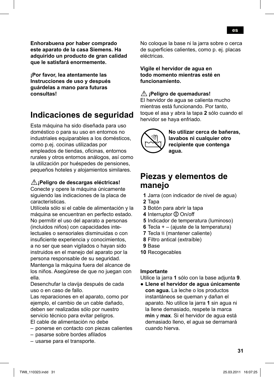 Indicaciones de seguridad, Piezas y elementos de manejo | Siemens TW86105 User Manual | Page 33 / 76