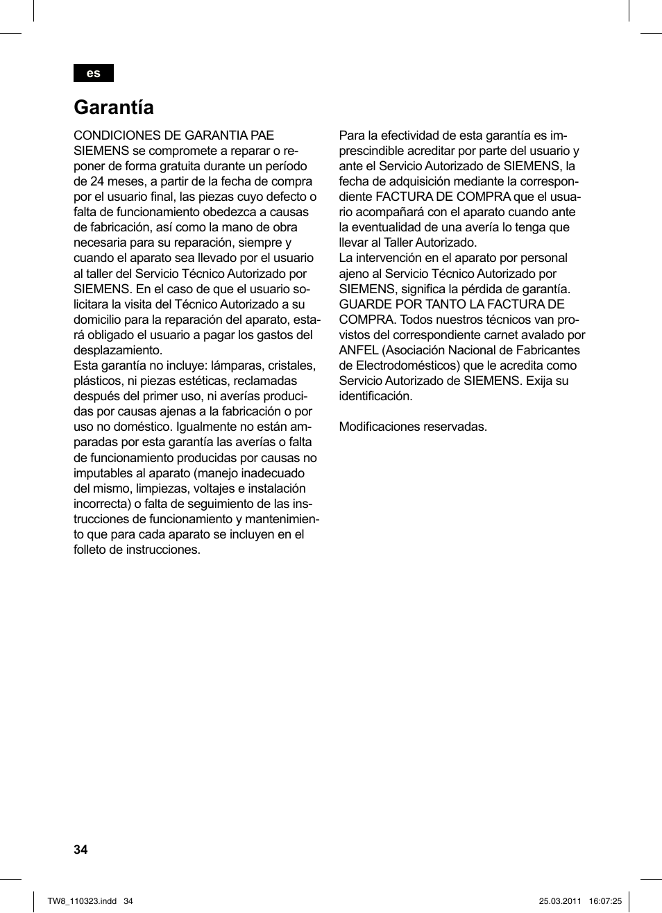 Garantía | Siemens TW86105 User Manual | Page 36 / 76