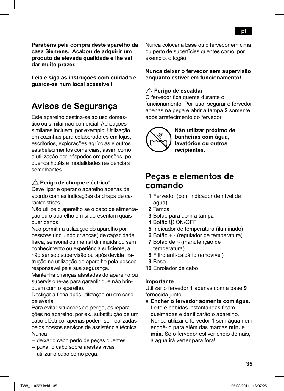 Avisos de segurança, Peças e elementos de comando | Siemens TW86105 User Manual | Page 37 / 76