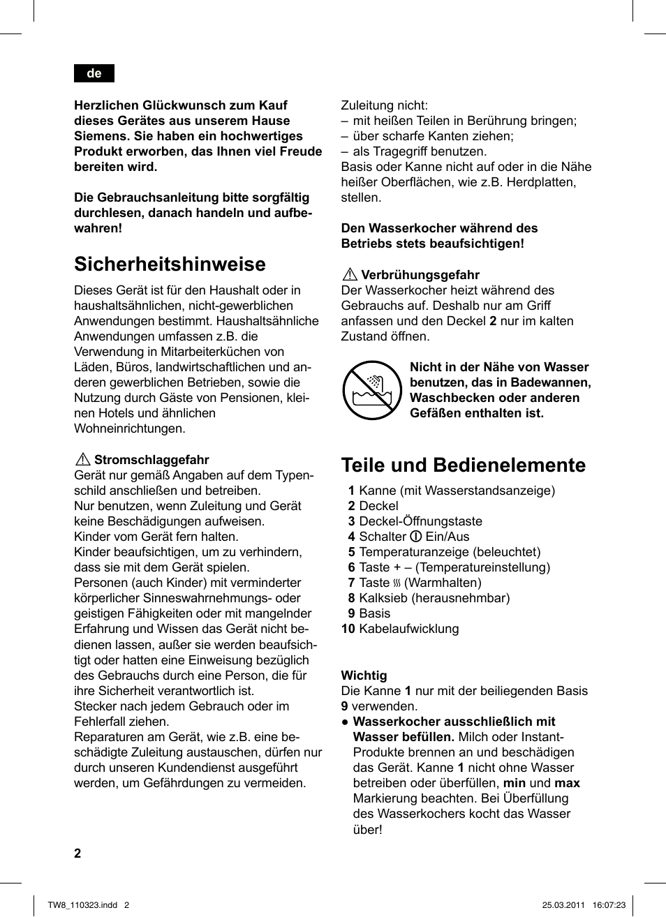 Sicherheitshinweise, Teile und bedienelemente | Siemens TW86105 User Manual | Page 4 / 76