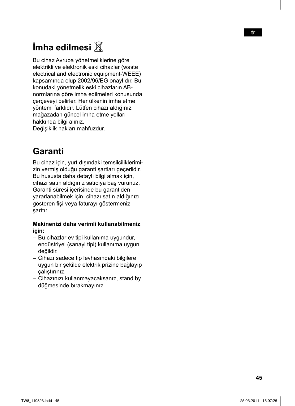 Imha edilmesi, Garanti | Siemens TW86105 User Manual | Page 47 / 76