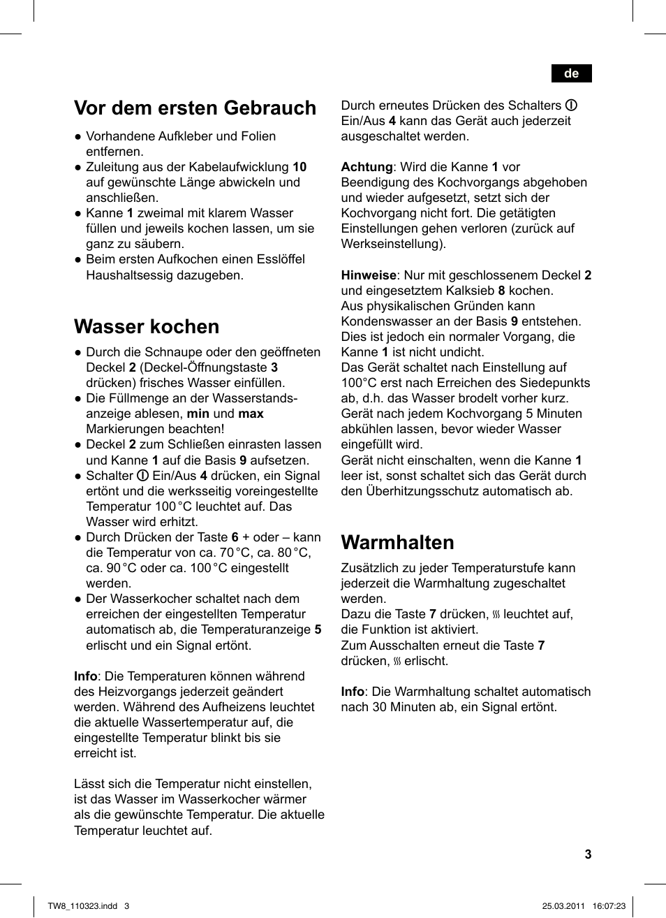 Warmhalten, Vor dem ersten gebrauch, Wasser kochen | Siemens TW86105 User Manual | Page 5 / 76