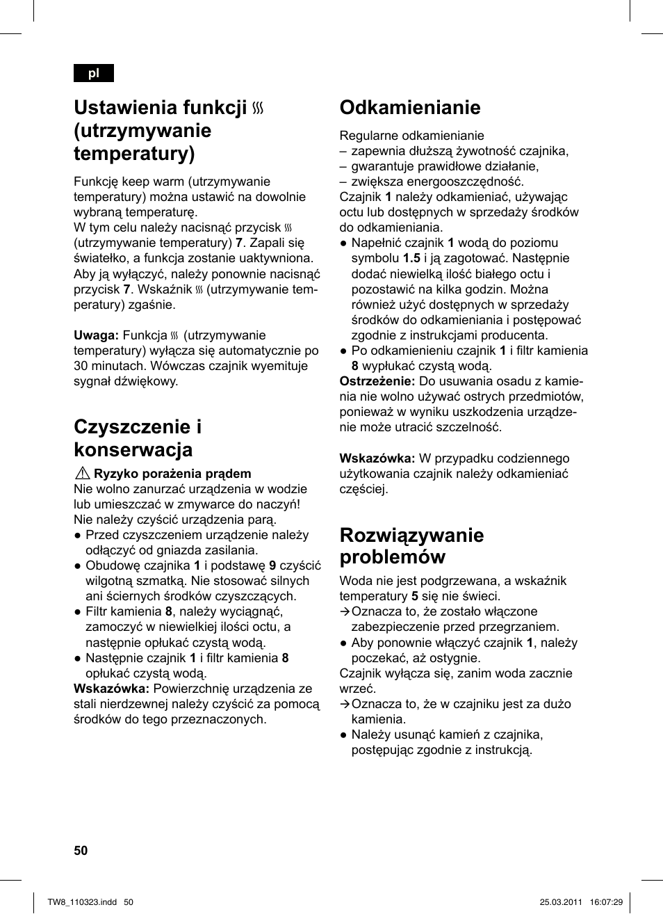 Odkamienianie, Rozwiązywanie problemów, Ustawienia funkcji u (utrzymywanie temperatury) | Czyszczenie i konserwacja | Siemens TW86105 User Manual | Page 52 / 76