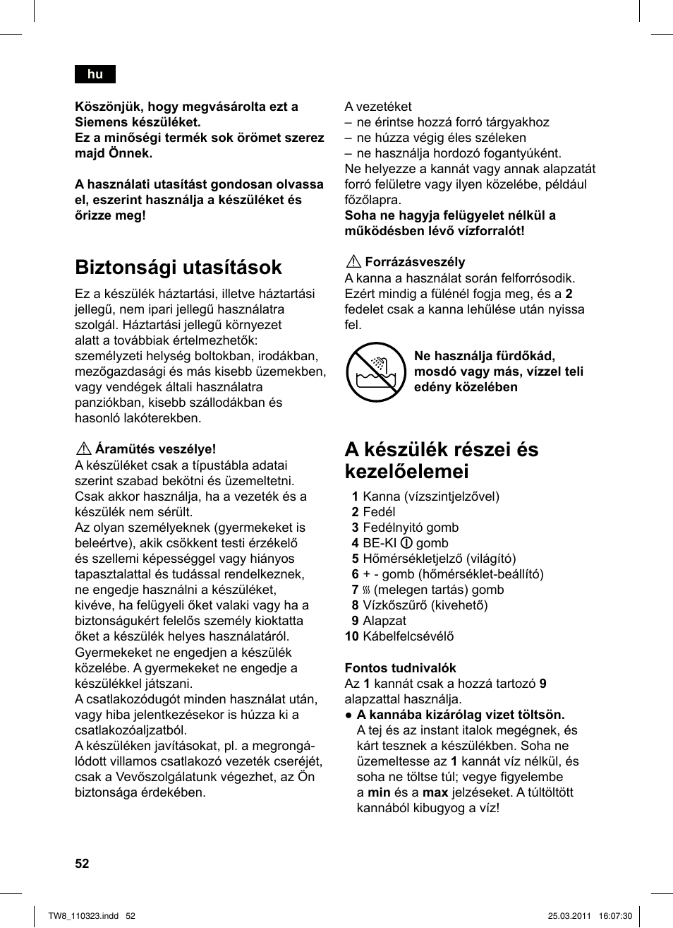 Biztonsági utasítások, A készülék részei és kezelőelemei | Siemens TW86105 User Manual | Page 54 / 76