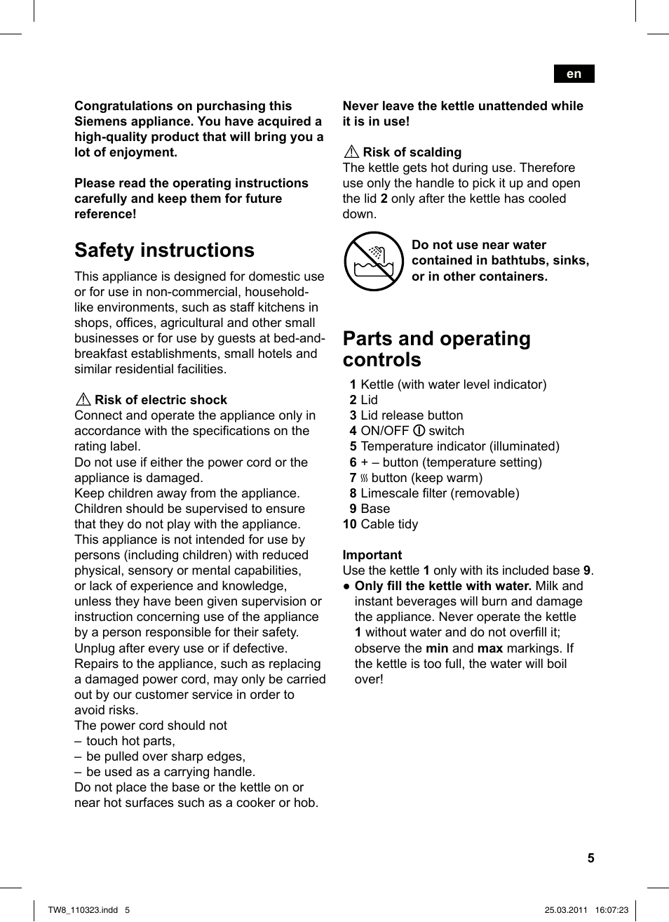 Safety instructions, Parts and operating controls | Siemens TW86105 User Manual | Page 7 / 76