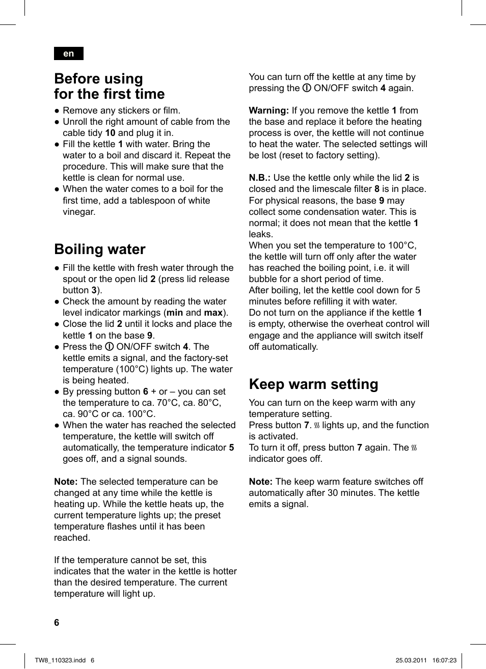 Keep warm setting, Before using for the irst time, Boiling water | Siemens TW86105 User Manual | Page 8 / 76