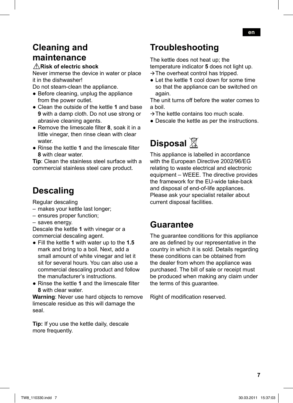 Troubleshooting, Disposal, Guarantee | Cleaning and maintenance, Descaling | Siemens TW86105 User Manual | Page 9 / 76