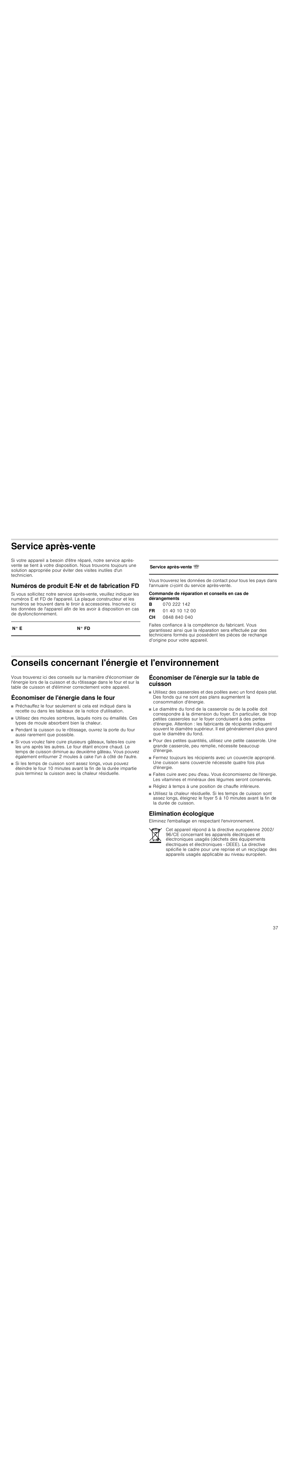 Service après-vente, Numéros de produit e-nr et de fabrication fd, Conseils concernant l'énergie et l'environnement | Économiser de l'énergie dans le four, Économiser de l'énergie sur la table de cuisson, Elimination écologique | Siemens HC724220 User Manual | Page 37 / 92