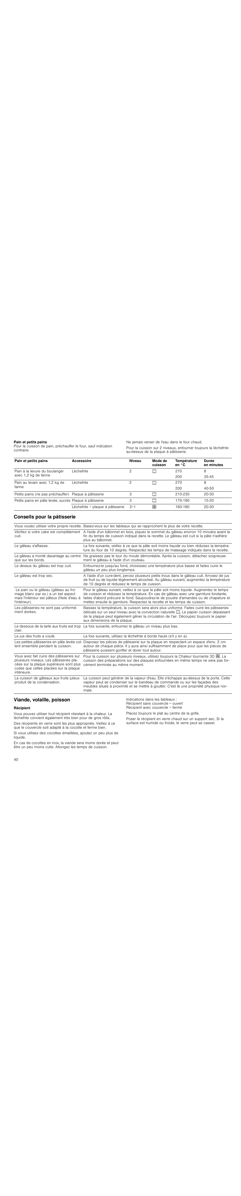 Conseils pour la pâtisserie, Viande, volaille, poisson, Récipient | Siemens HC724220 User Manual | Page 40 / 92