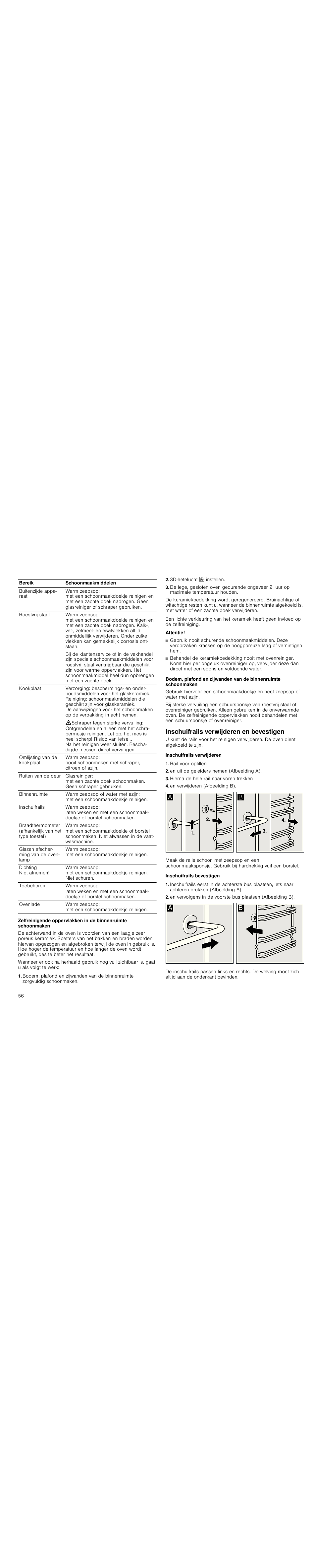 3d-hetelucht : instellen, Attentie, Inschuifrails verwijderen en bevestigen | Inschuifrails verwijderen, Rail voor optillen, En uit de geleiders nemen (afbeelding a), Hierna de hele rail naar voren trekken, En verwijderen (afbeelding b), Inschuifrails bevestigen | Siemens HC724220 User Manual | Page 56 / 92
