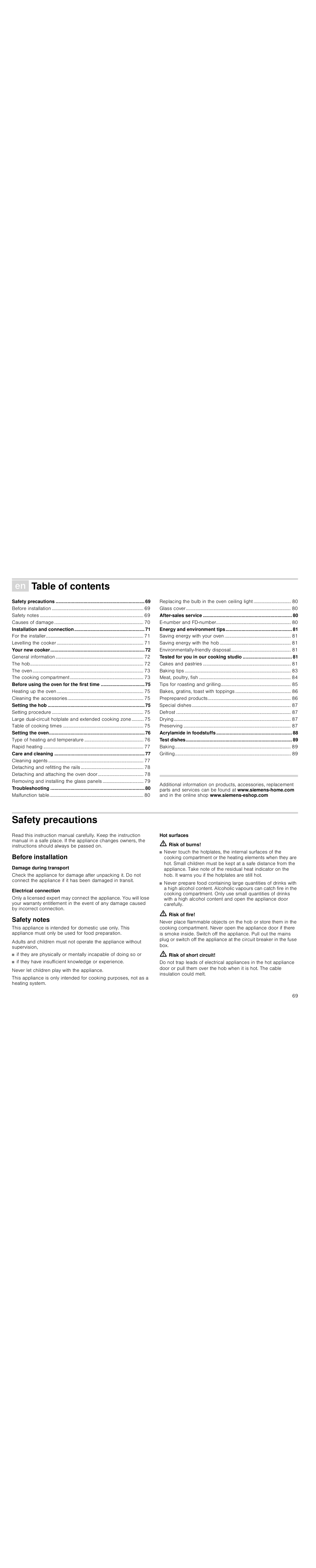 Ú table of contents[en] instruction manual, Safety precautions, Before installation | Damage during transport, Electrical connection, Safety notes, Hot surfaces, M risk of burns, M risk of fire, M risk of short circuit | Siemens HC724220 User Manual | Page 69 / 92