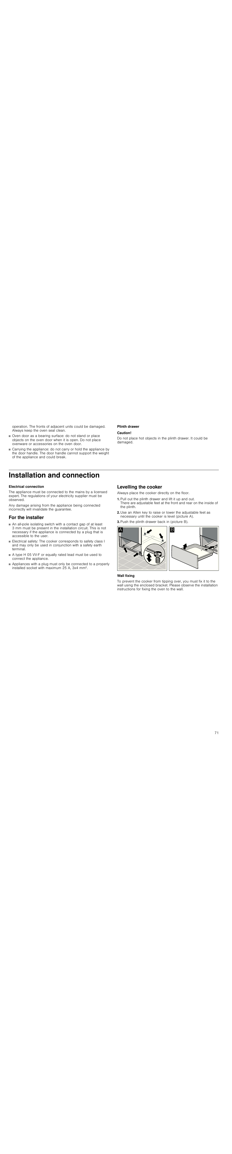 Plinth drawer, Caution, Installation and connection | For the installer, Levelling the cooker, Push the plinth drawer back in (picture b), Wall fixing | Siemens HC724220 User Manual | Page 71 / 92