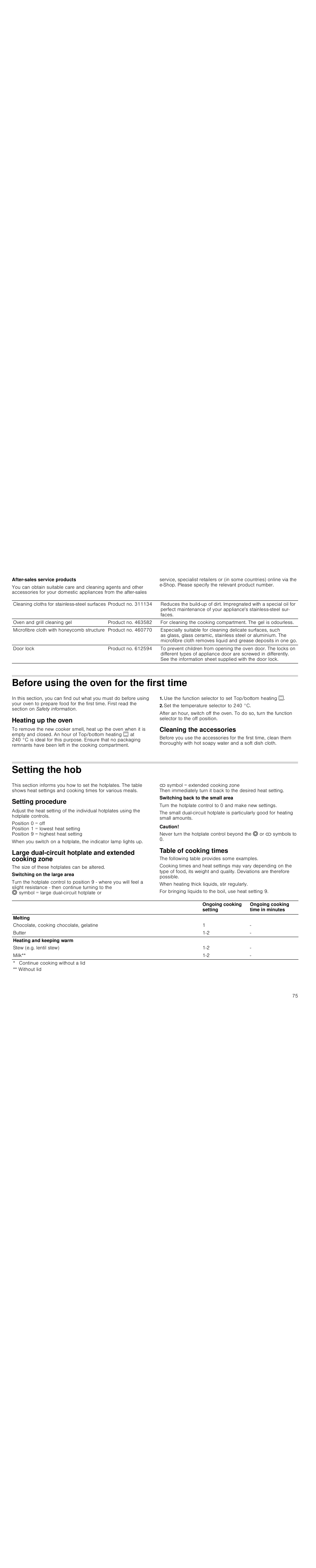 After-sales service products, Before using the oven for the first time, Heating up the oven | Set the temperature selector to 240 °c, Cleaning the accessories, Setting the hob, Setting procedure, Caution, Table of cooking times | Siemens HC724220 User Manual | Page 75 / 92