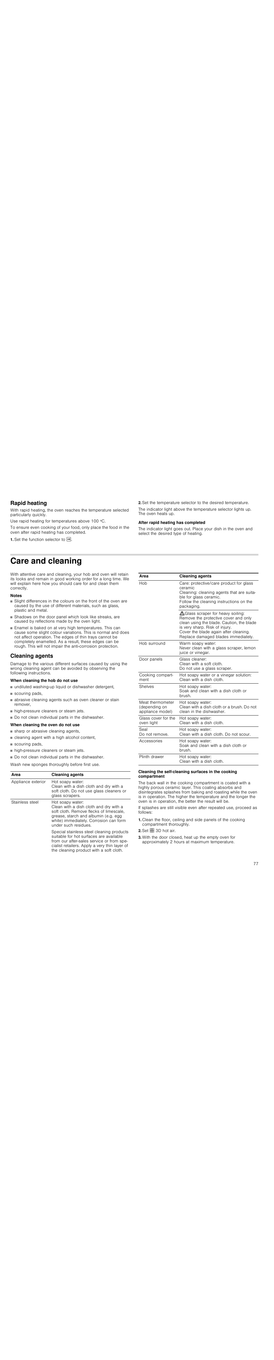 Rapid heating, Set the function selector to i, After rapid heating has completed | Care and cleaning, Notes, Cleaning agents, When cleaning the hob do not use, When cleaning the oven do not use, Set : 3d hot air | Siemens HC724220 User Manual | Page 77 / 92