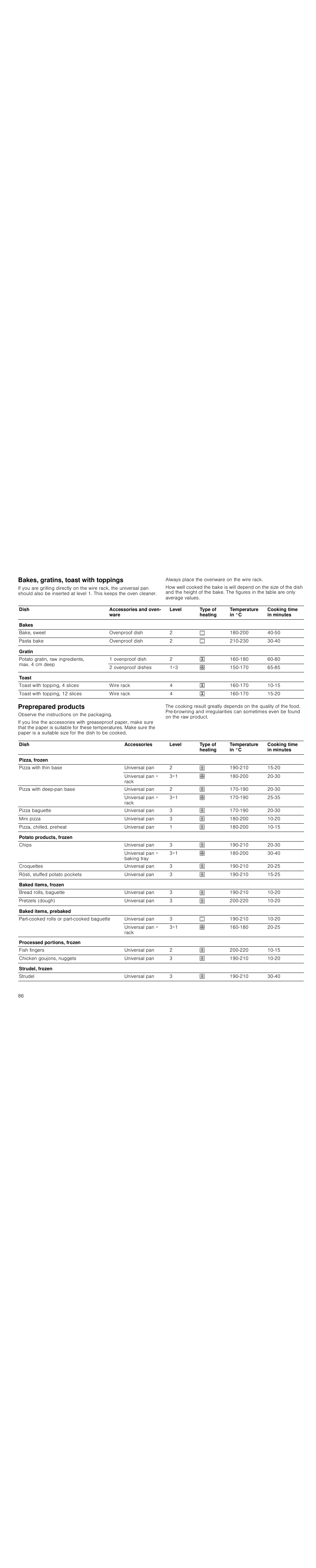 Bakes, gratins, toast with toppings, Preprepared products | Siemens HC724220 User Manual | Page 86 / 92