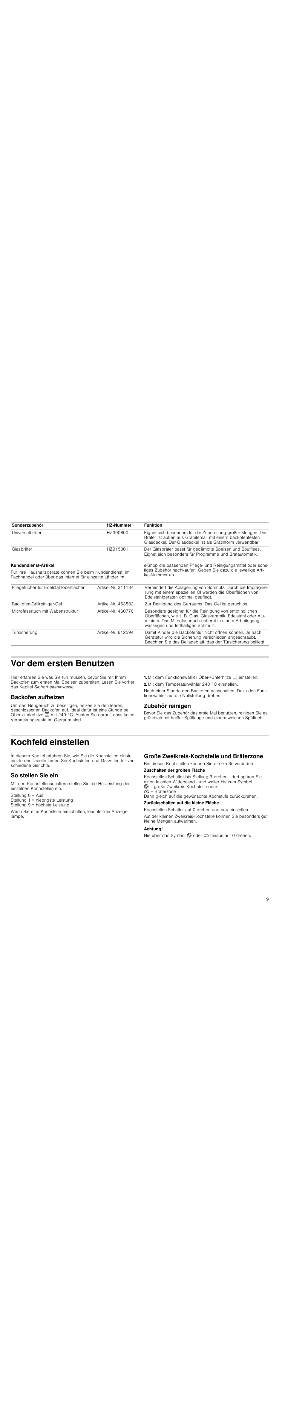 Kundendienst-artikel, Vor dem ersten benutzen, Backofen aufheizen | Mit dem temperaturwähler 240 °c einstellen, Zubehör reinigen, Kochfeld einstellen, So stellen sie ein, Große zweikreis-kochstelle und bräterzone, Achtung | Siemens HC724220 User Manual | Page 9 / 92