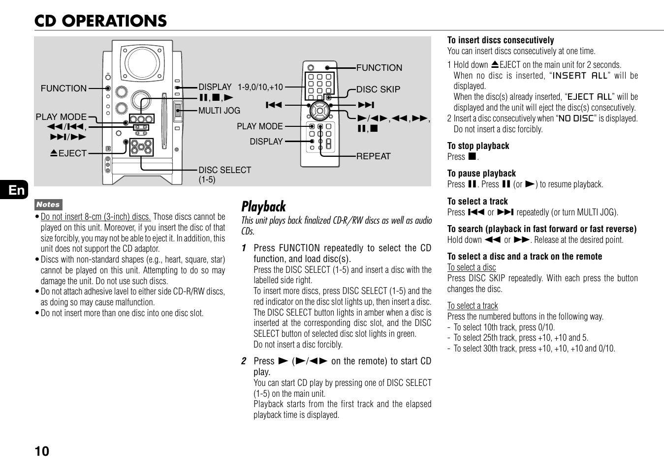 Cd operations, Playback, 10 en | Aiwa BMZ-K1 User Manual | Page 10 / 46