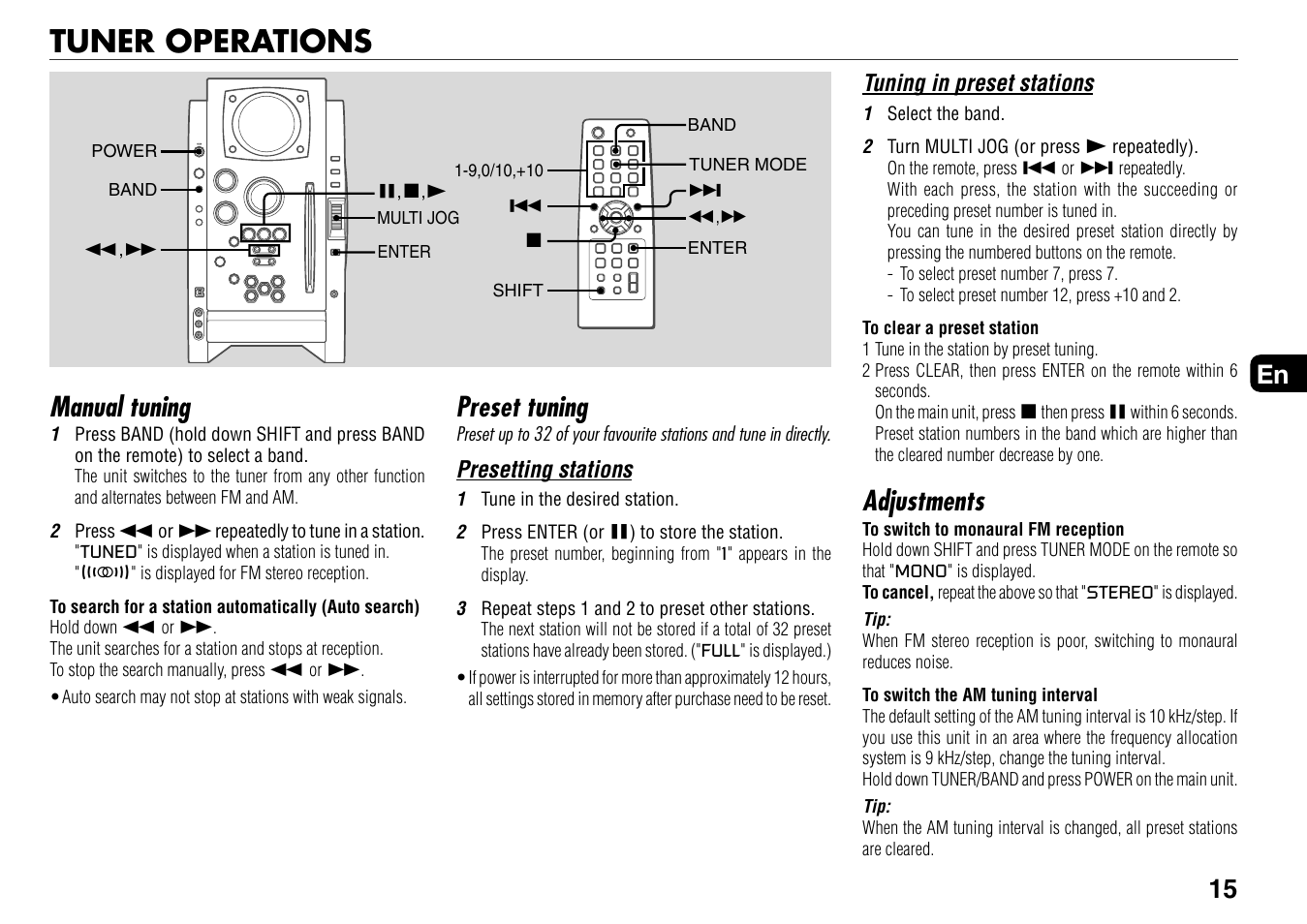 Tuner operations, Manual tuning, Preset tuning | Adjustments, 15 en | Aiwa BMZ-K1 User Manual | Page 15 / 46