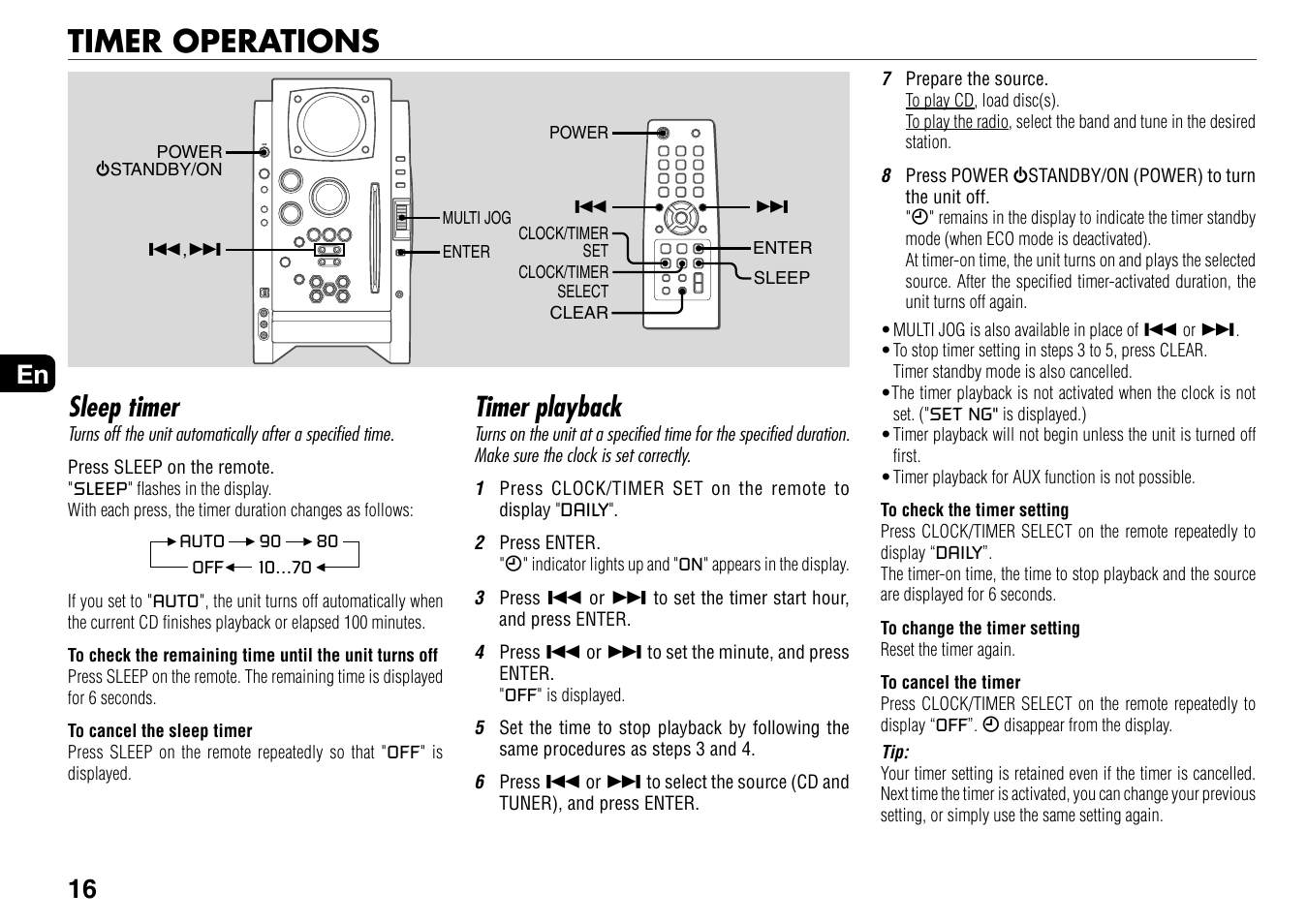 Timer operations, Sleep timer, Timer playback | 16 en | Aiwa BMZ-K1 User Manual | Page 16 / 46