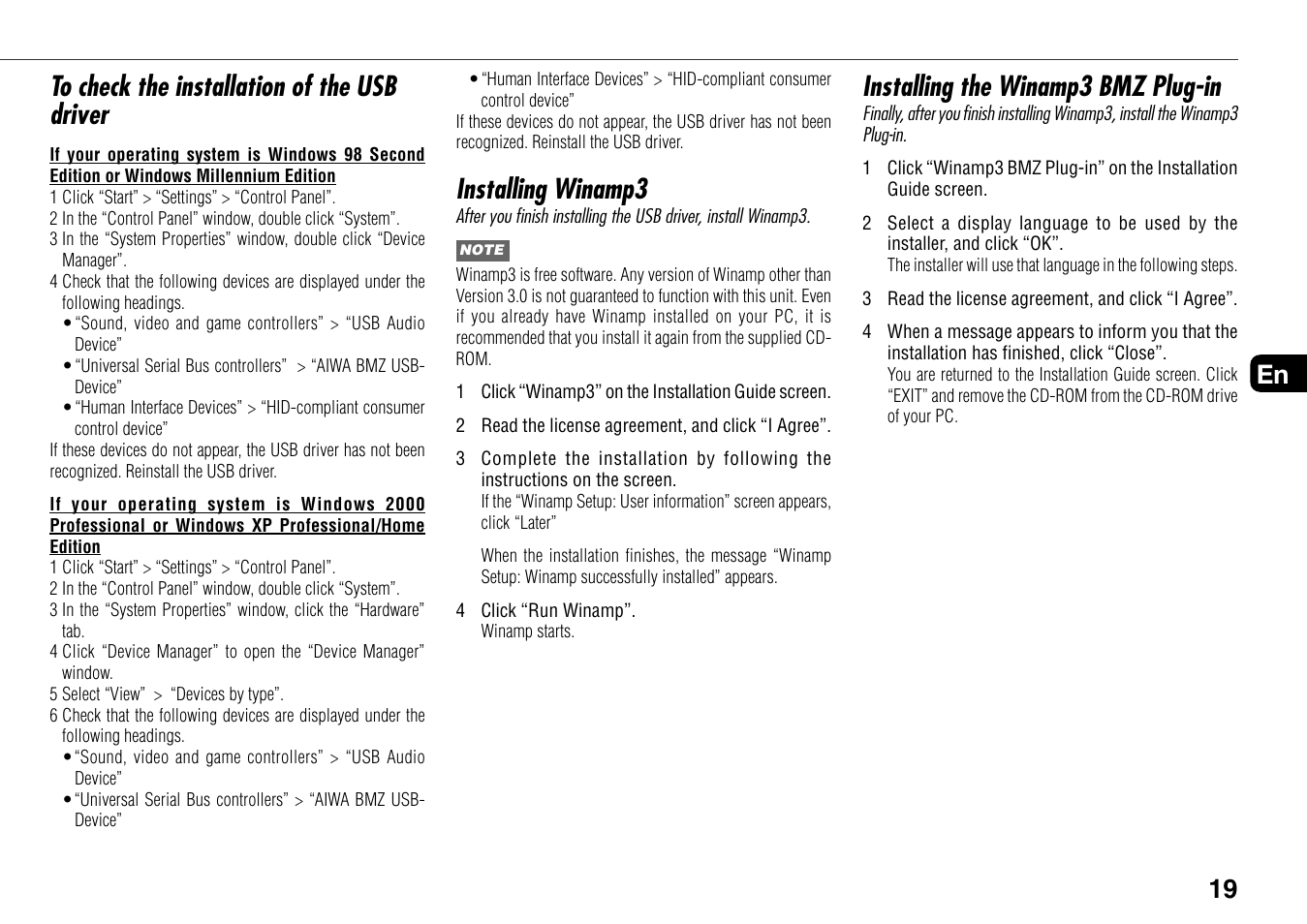 Installing winamp3, Installing the winamp3 bmz plug-in, 19 en | Aiwa BMZ-K1 User Manual | Page 19 / 46