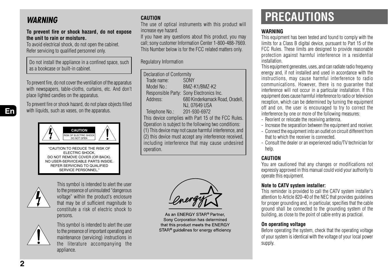 Precautions, Spanish, Warning | Aiwa BMZ-K1 User Manual | Page 2 / 46
