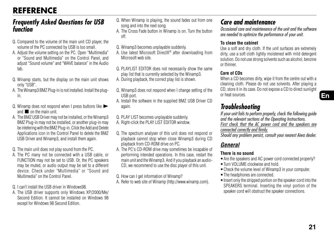 Reference, Frequently asked questions for usb function, Care and maintenance | Troubleshooting, 21 en | Aiwa BMZ-K1 User Manual | Page 21 / 46