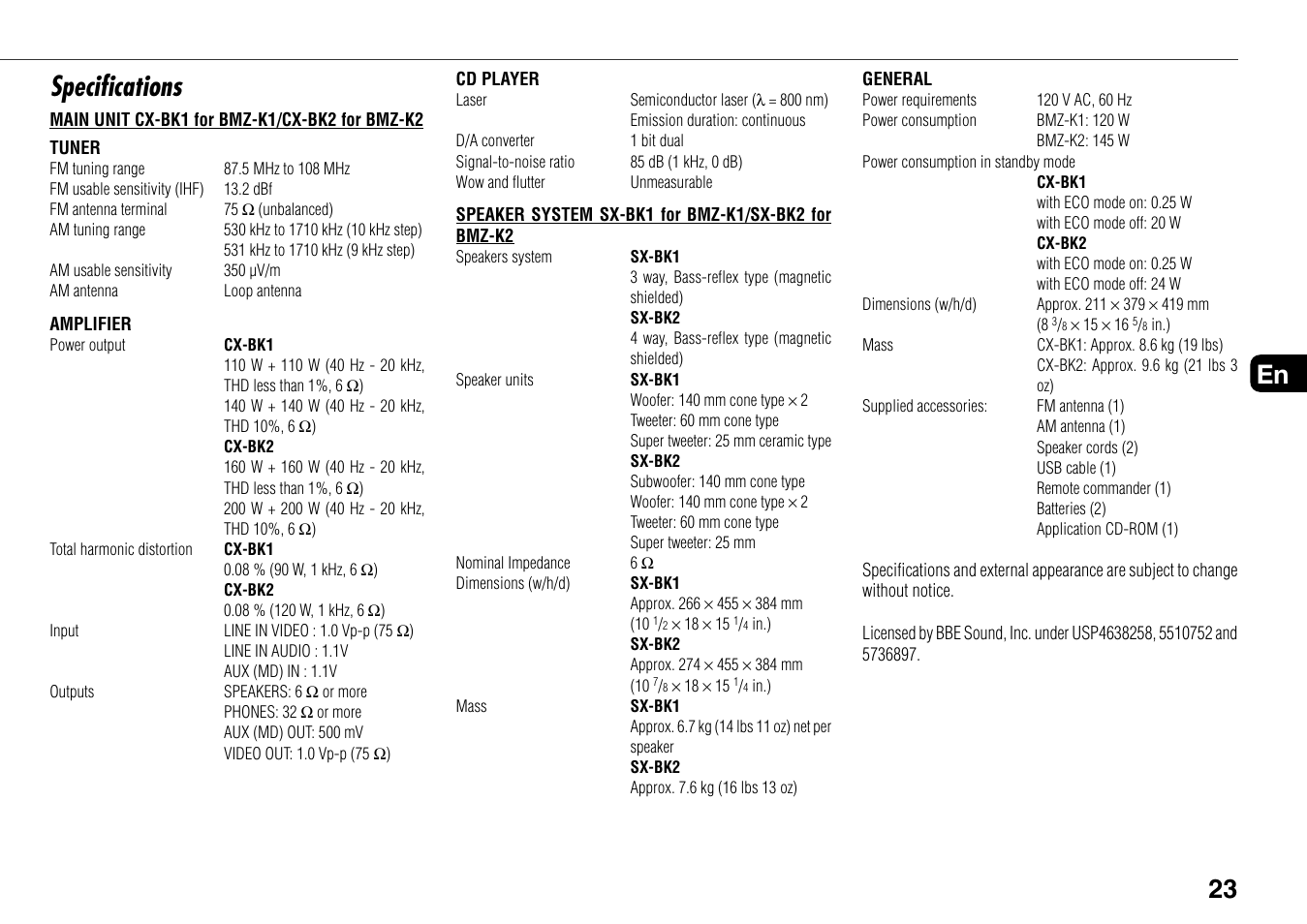 Specifications, En 23 | Aiwa BMZ-K1 User Manual | Page 23 / 46