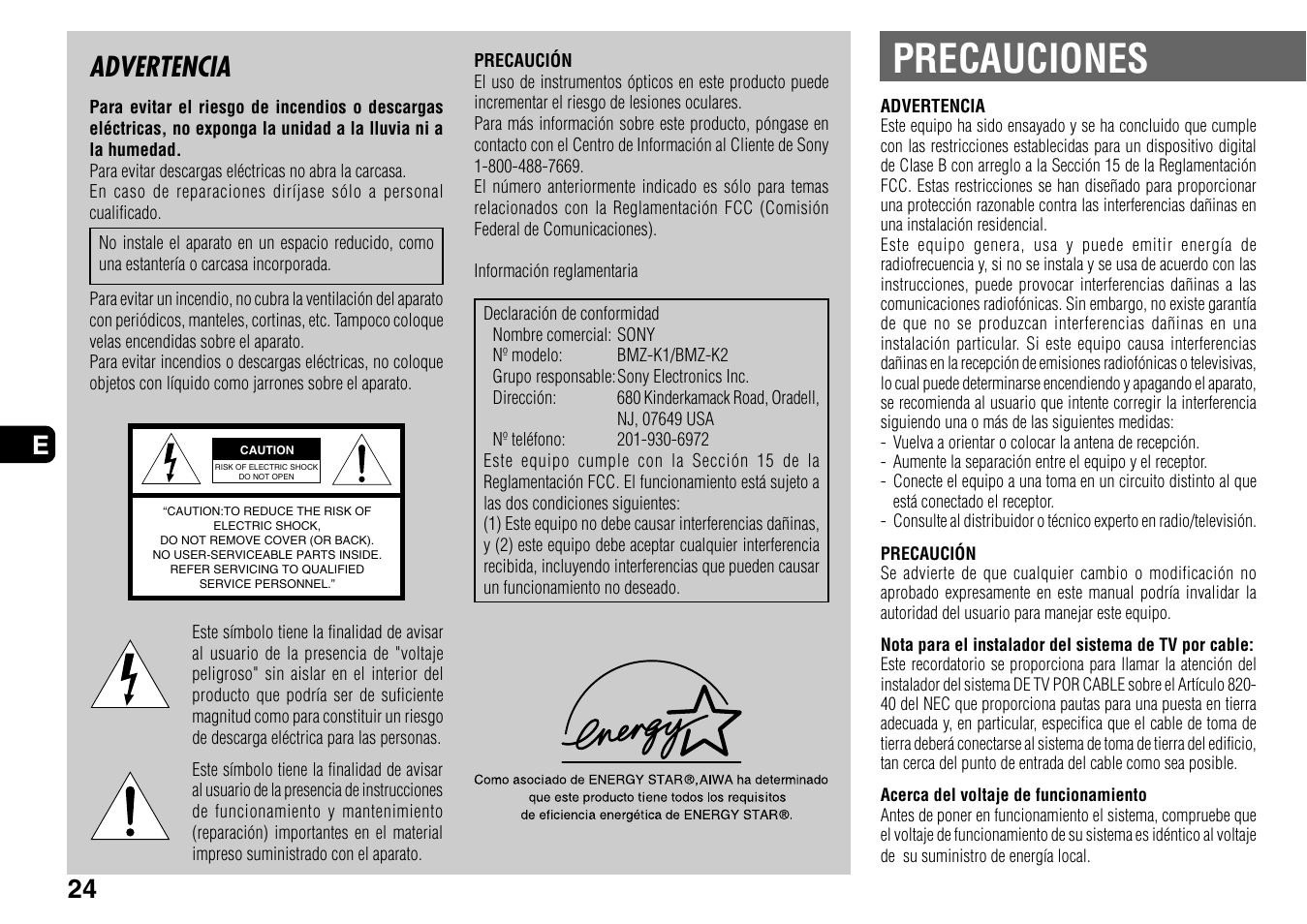 Precauciones, Advertencia, 24 e | Aiwa BMZ-K1 User Manual | Page 24 / 46