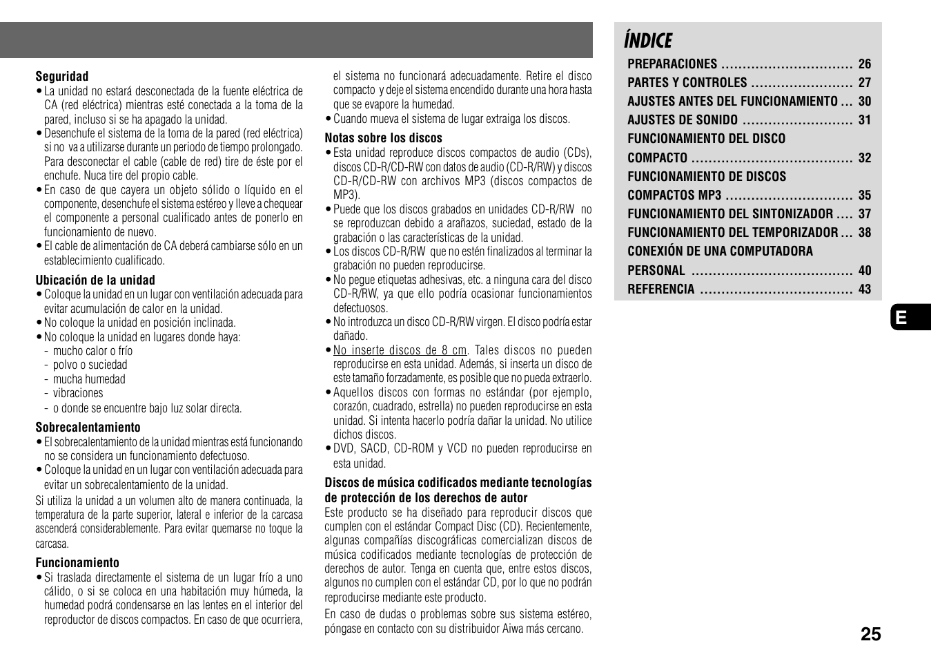 Índice, 25 e | Aiwa BMZ-K1 User Manual | Page 25 / 46