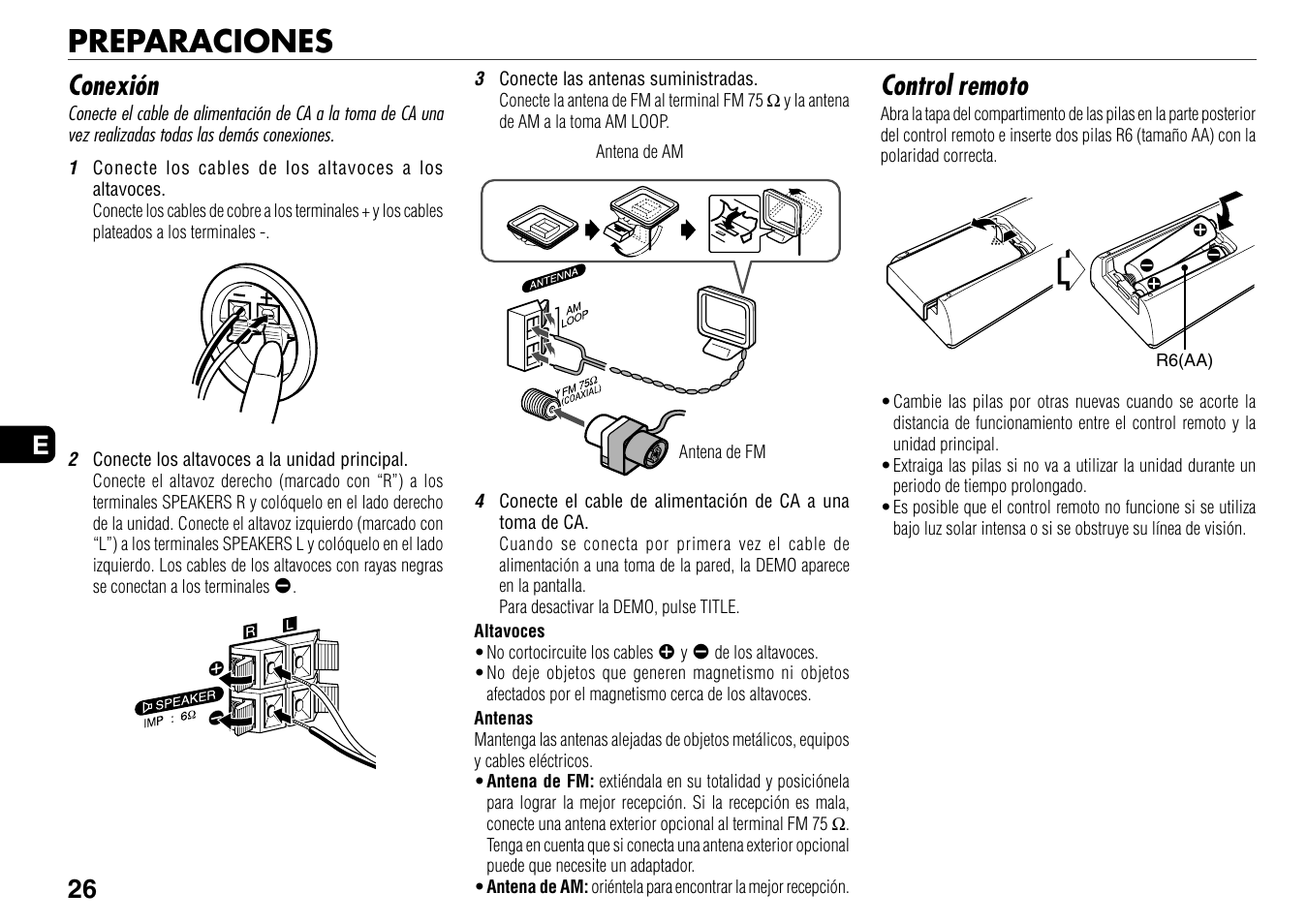 Preparaciones, Control remoto, Conexión | 26 e | Aiwa BMZ-K1 User Manual | Page 26 / 46