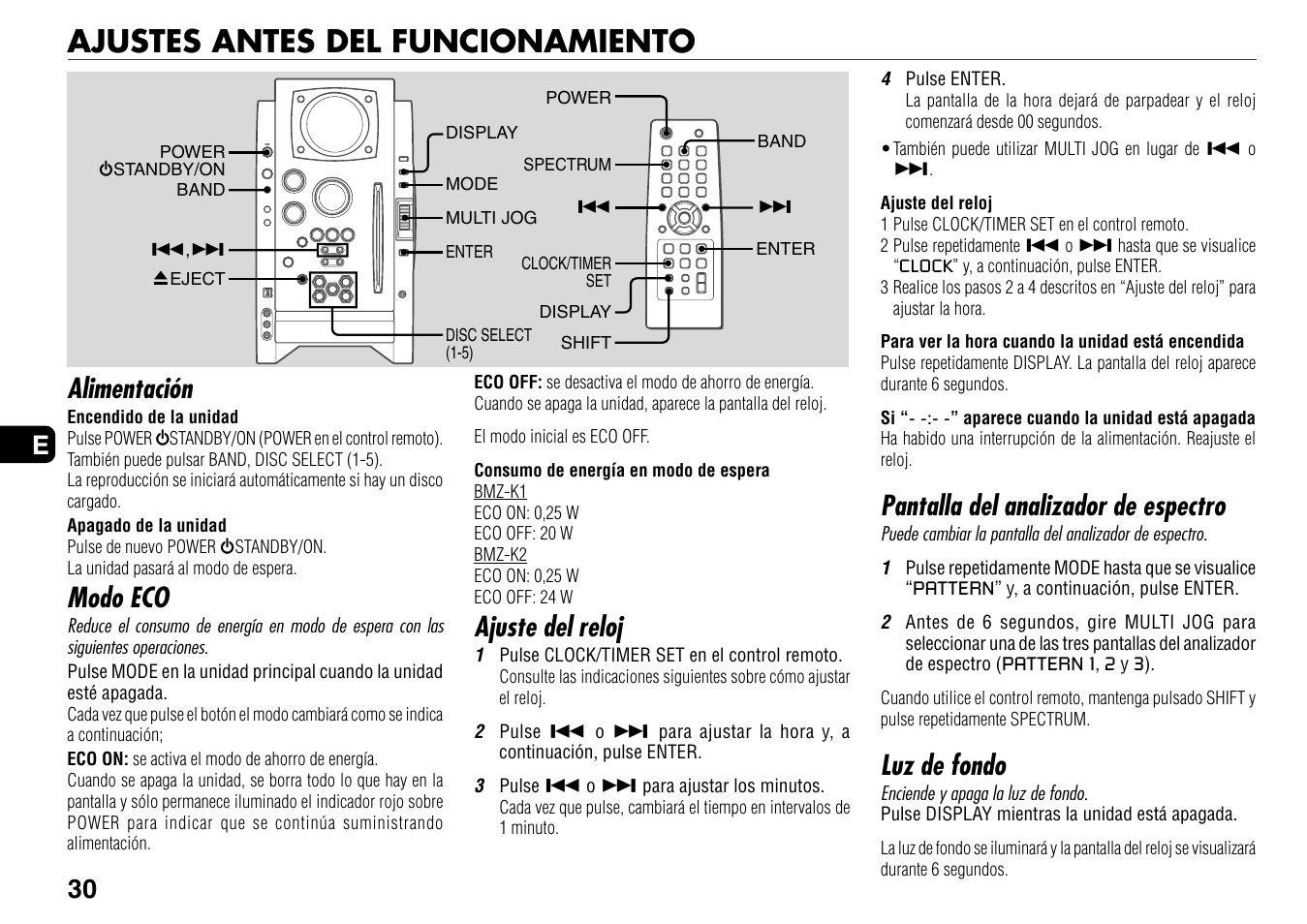 Ajustes antes del funcionamiento, Ajuste del reloj, Pantalla del analizador de espectro | Luz de fondo, Alimentación, Modo eco, 30 e | Aiwa BMZ-K1 User Manual | Page 30 / 46