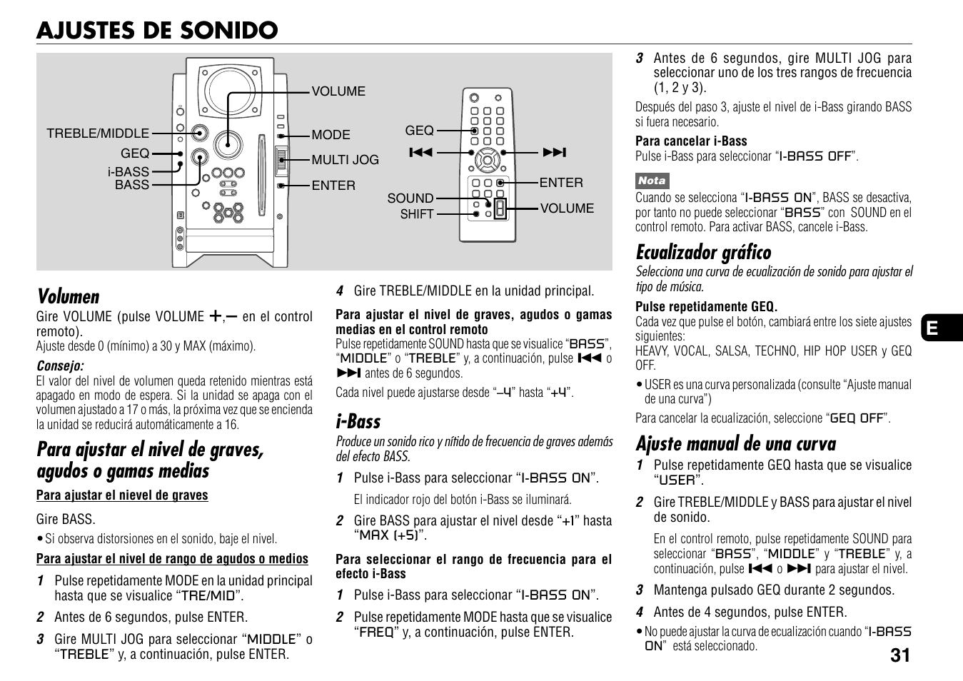 Ajustes de sonido, Volumen, I-bass | Ecualizador gráfico, Ajuste manual de una curva, 31 e | Aiwa BMZ-K1 User Manual | Page 31 / 46