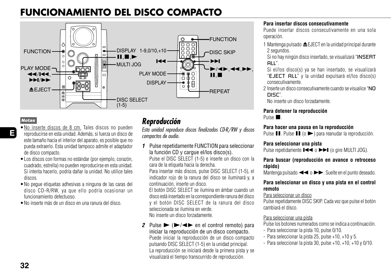 Funcionamiento del disco compacto, Reproducción, 32 e | Aiwa BMZ-K1 User Manual | Page 32 / 46