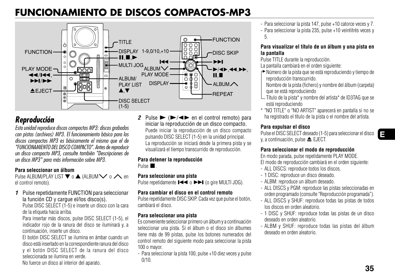 Funcionamiento de discos compactos-mp3, Reproducción, 35 e | Aiwa BMZ-K1 User Manual | Page 35 / 46