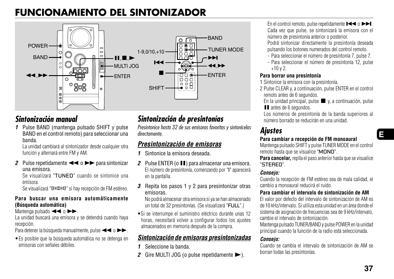 Funcionamiento del sintonizador, Sintonización manual, Sintonización de presintonías | Ajustes, 37 e | Aiwa BMZ-K1 User Manual | Page 37 / 46