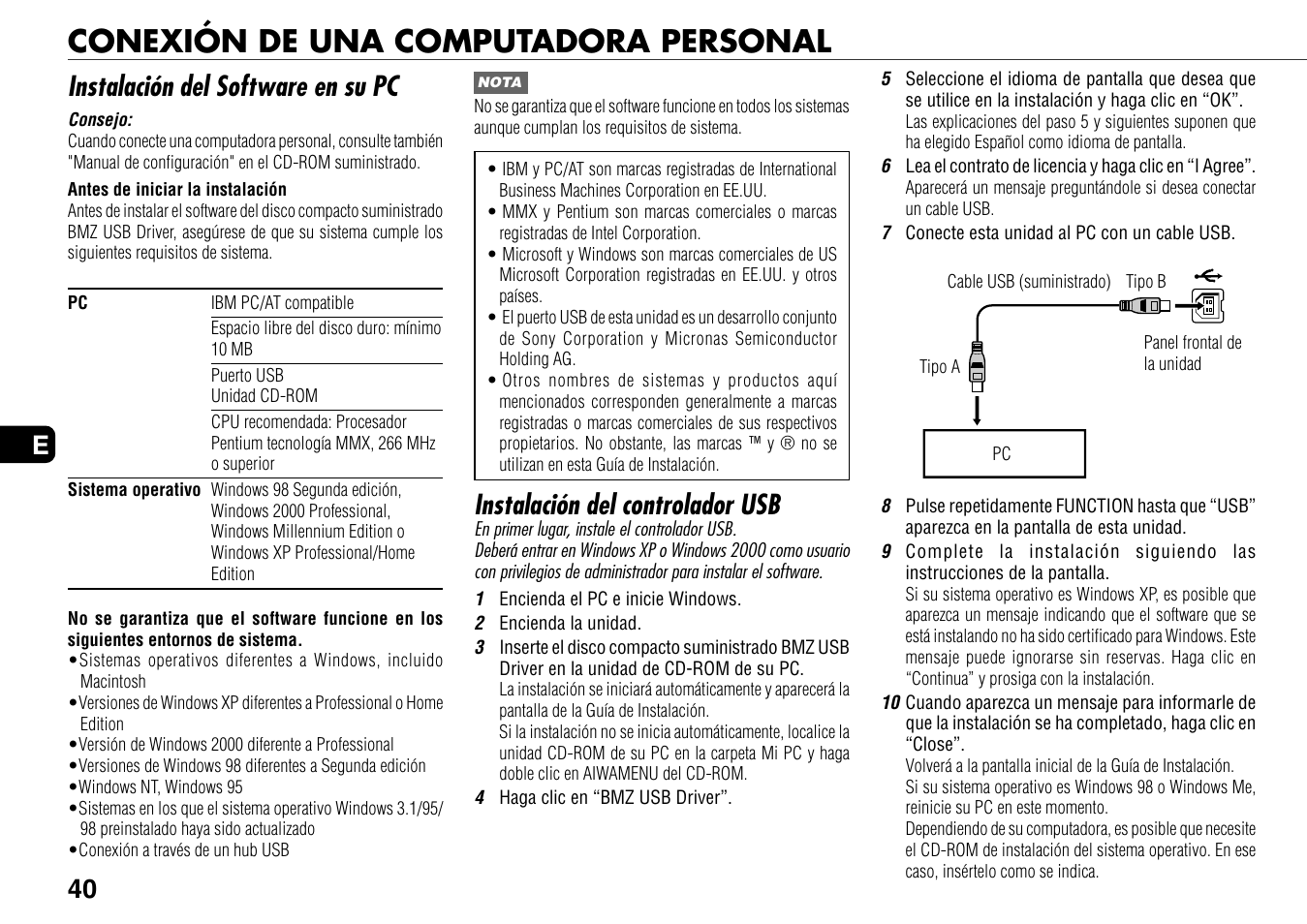 Conexión de una computadora personal, Instalación del software en su pc, Instalación del controlador usb | 40 e | Aiwa BMZ-K1 User Manual | Page 40 / 46