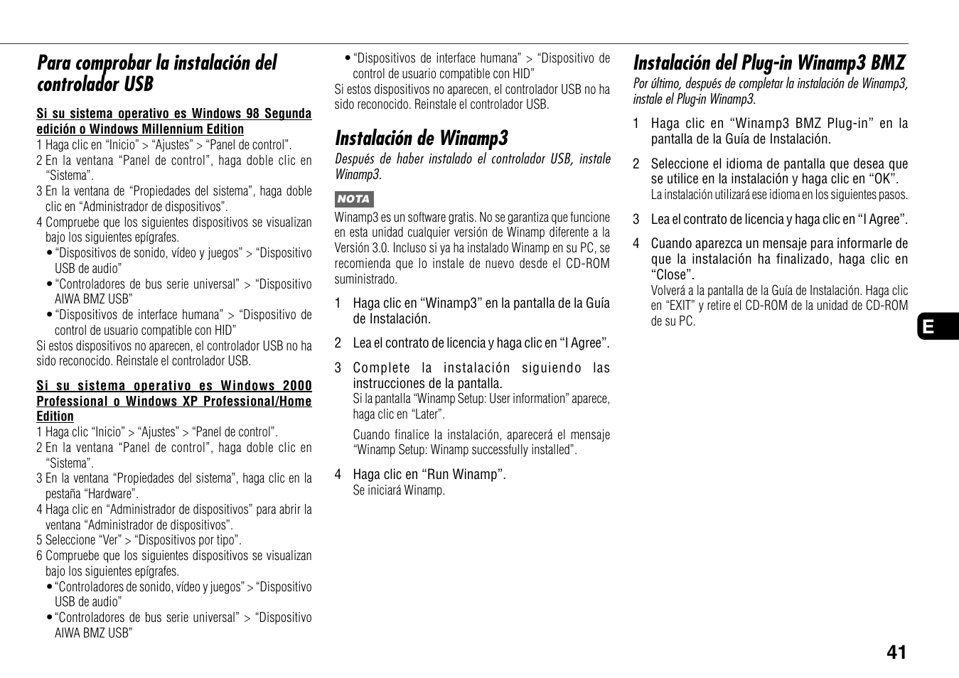 Para comprobar la instalación del controlador usb, Instalación de winamp3, Instalación del plug-in winamp3 bmz | 41 e | Aiwa BMZ-K1 User Manual | Page 41 / 46