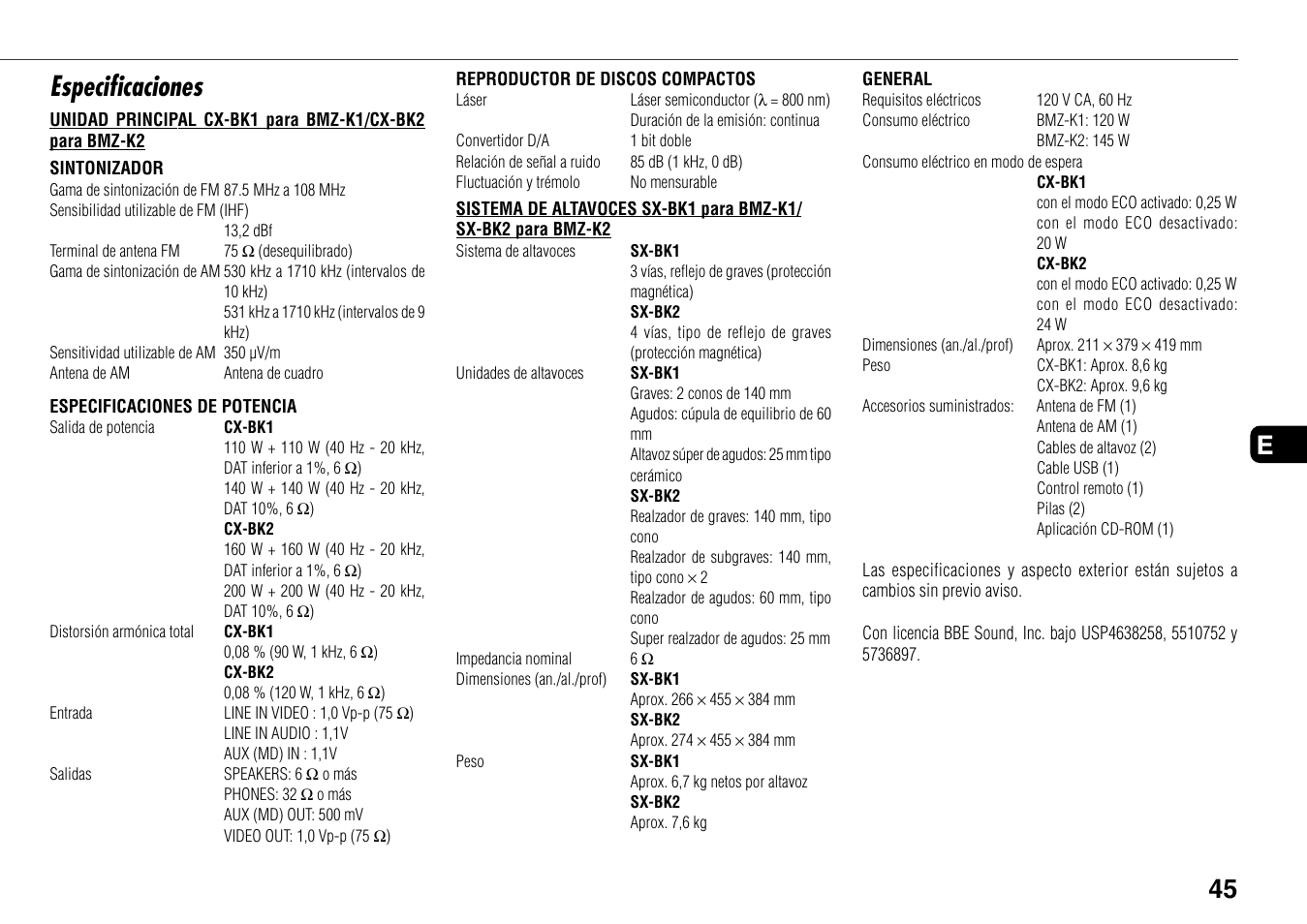 Especificaciones | Aiwa BMZ-K1 User Manual | Page 45 / 46