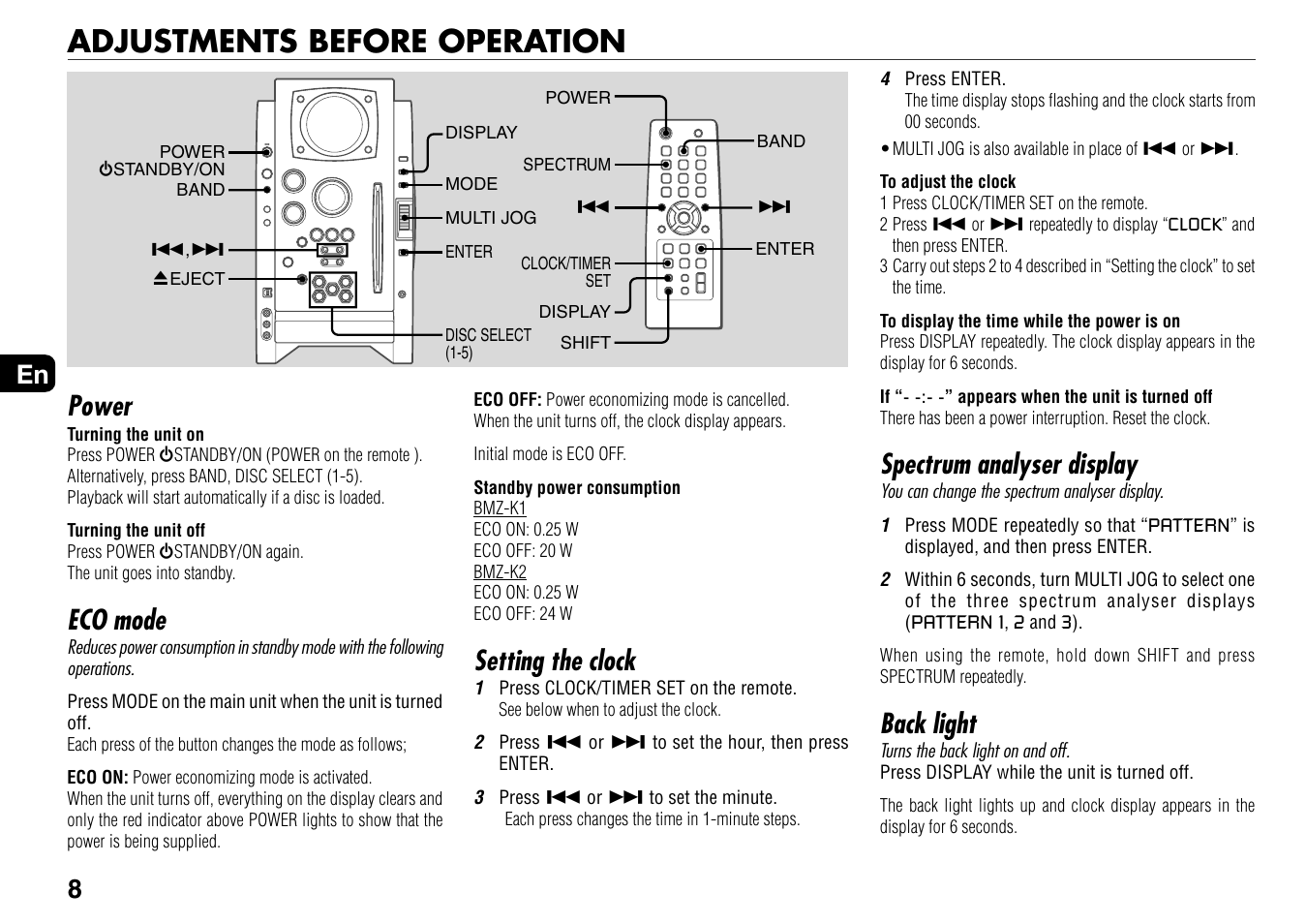 Adjustments before operation, Setting the clock, Spectrum analyser display | Back light, Power, Eco mode | Aiwa BMZ-K1 User Manual | Page 8 / 46