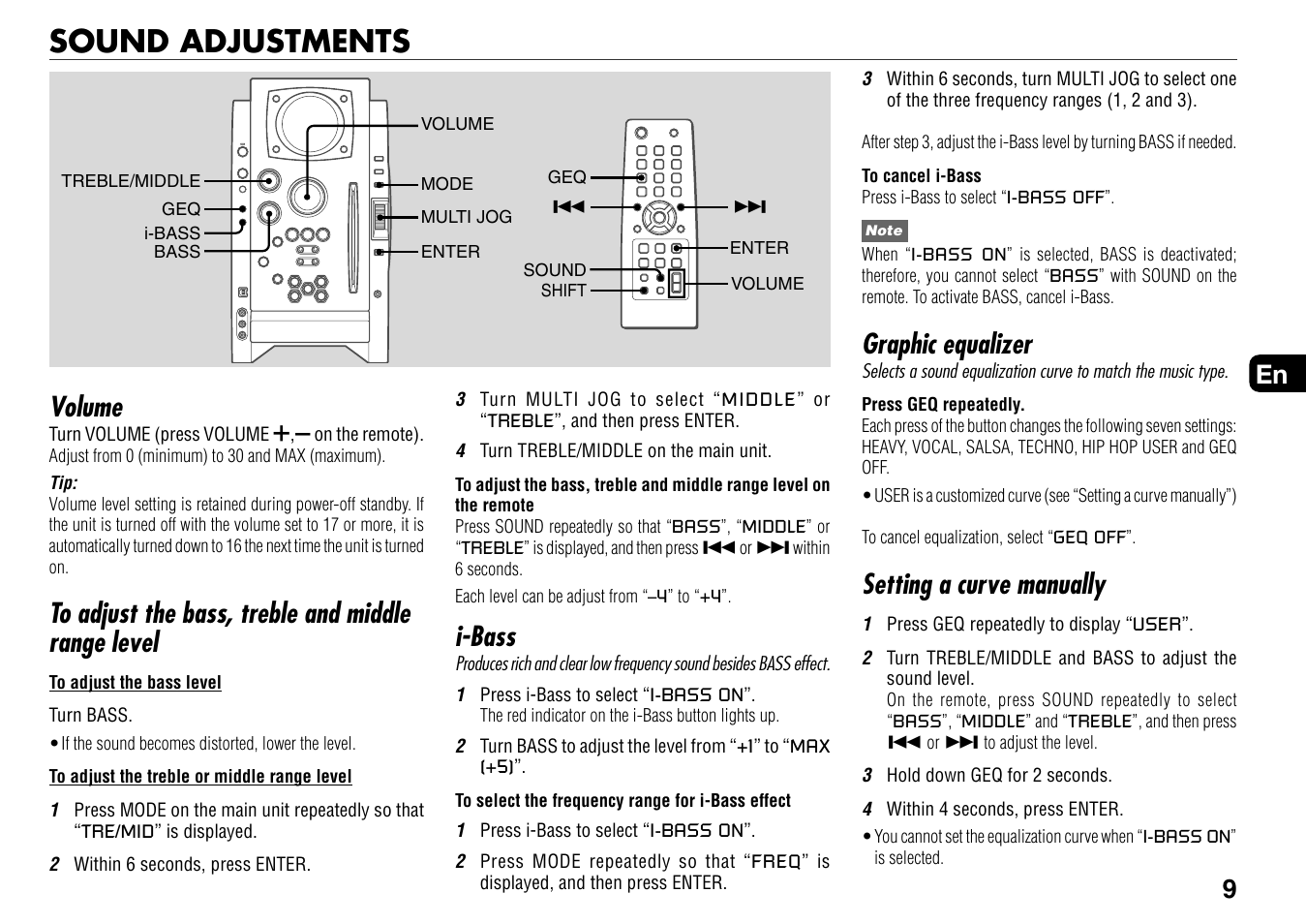 Sound adjustments, Volume, I-bass | Graphic equalizer, Setting a curve manually | Aiwa BMZ-K1 User Manual | Page 9 / 46
