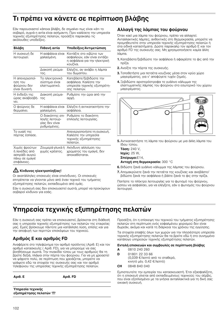 Τι πρέπει να κάνετε σε περίπτωση βλάβης, Κίνδυνος ηλεκτροπληξίας, Αλλαγή της λάμπας του φούρνου | Ανοίξτε την πόρτα της συσκευής, Τάση: 240 v, Ισχύς: 25 w, Σπείρωμα:e14, Υπηρεσία τεχνικής εξυπηρέτησης πελατών, Αριθμός e και αριθμός fd, Εντολή επισκευών και συμβουλές σε περίπτωση βλάβης | Siemens HB933R51 User Manual | Page 101 / 160