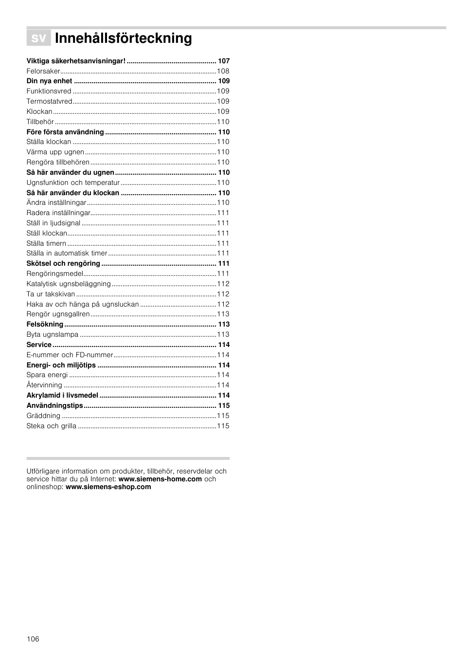 Ó innehållsförteckning[sv] bruksanvisning, Innehållsförteckning | Siemens HB933R51 User Manual | Page 105 / 160